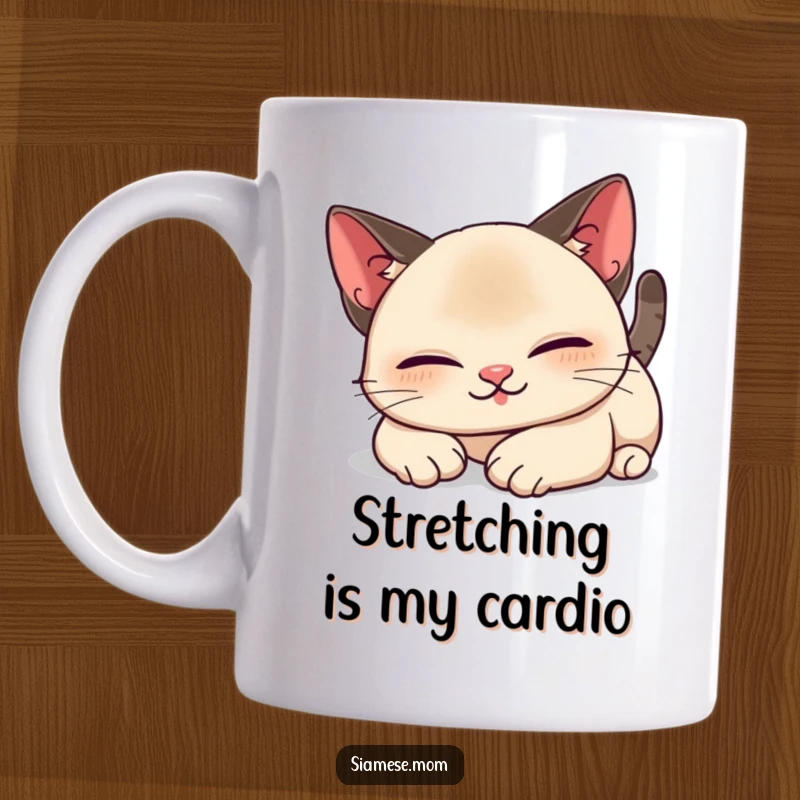 Funny Kawaii Siamese cat mug showing a lazy, closed-eye stretch with a big smile, perfect for cat lovers' gifts.