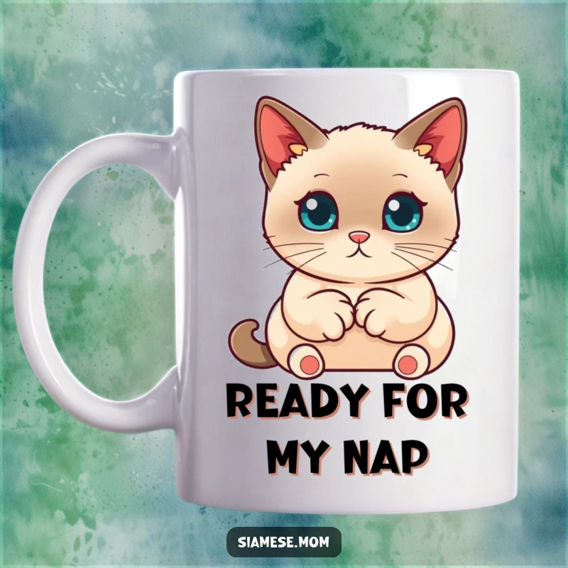 Funny Kawaii Siamese Cat Mug, cute cat with paws tucked neatly, serene and funny gift for cat enthusiasts.