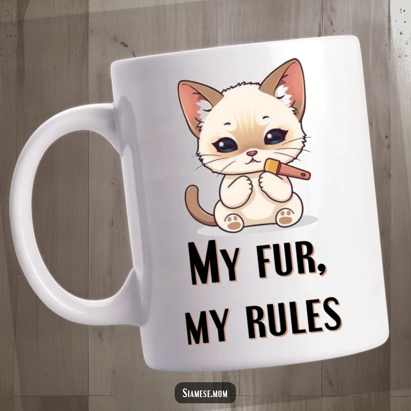 Funny Kawaii Siamese cat mug showing a cute cat meticulously grooming its fur with a tiny brush.