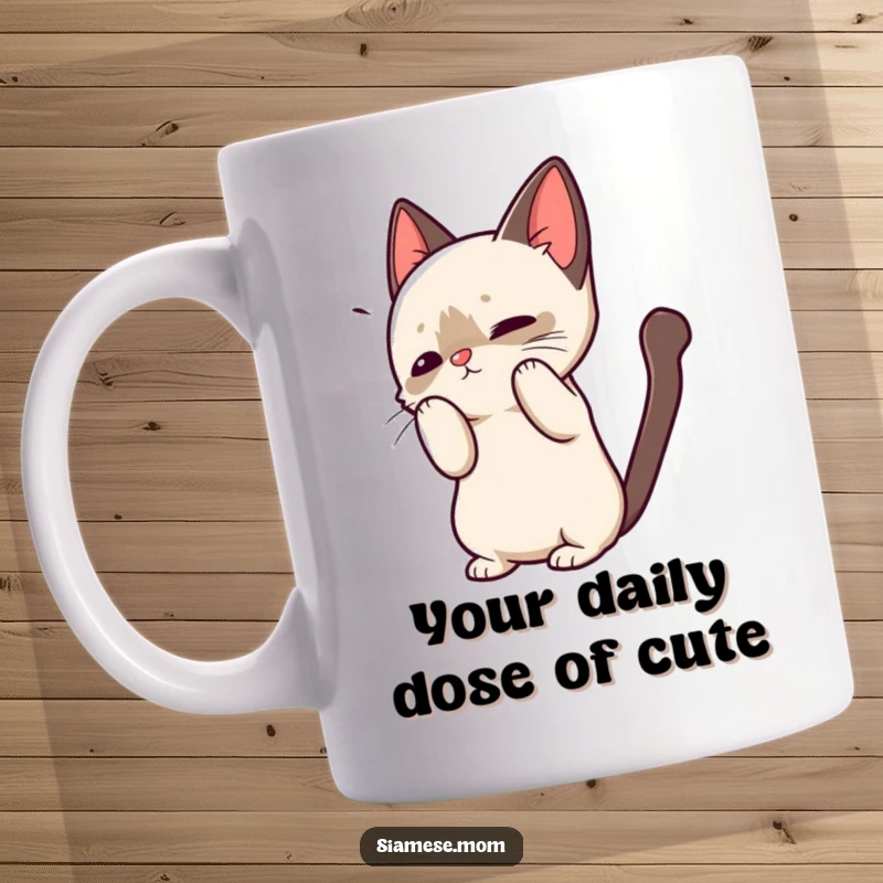 Funny mug with a kawaii Siamese cat arching its back in a playful, cute greeting, perfect for cat lovers.