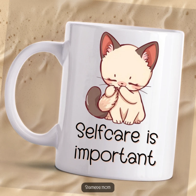 Funny Kawaii Siamese Kitten Mug captured mid-groom, lovingly tending to its fluffy tail, looking utterly content.