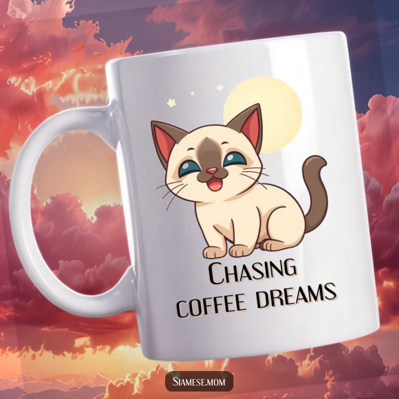 Funny stylized Siamese cat happily batting at glowing moonbeams, perfect for a funny gift mug.