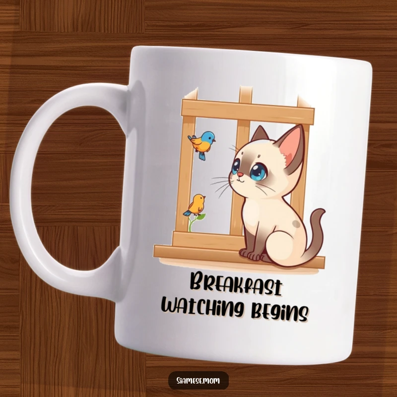 Funny Kawaii Siamese cat mug showing intense focus on a bird outside a window, capturing feline curiosity.