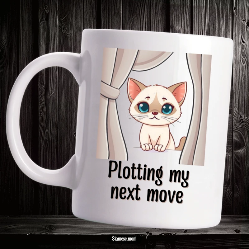 Funny Siamese Cat Mug: Mischievous kawaii cat with a smirk, peeking playfully from behind a curtain, full of playful secrets.