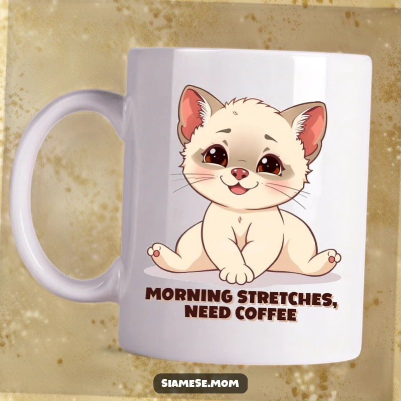 Funny Siamese cub stretching with elegant grace and a hint of mischief, a cute and playful cat on a ceramic mug.