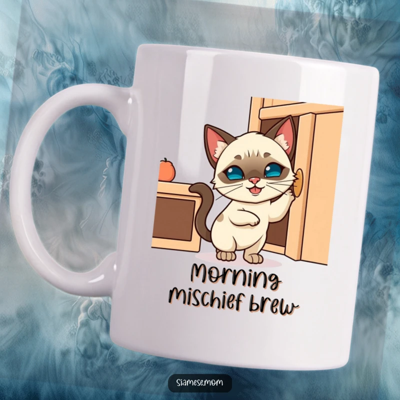 Funny mug shows a cute Kawaii Siamese cat with a mischievous grin, attempting to pry open a kitchen cabinet, capturing feline curiosity.
