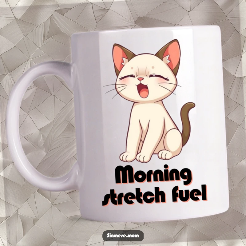 Funny Siamese Cat Mug featuring a cute, slinky Siamese stretching and yawning, embodying morning relaxation.