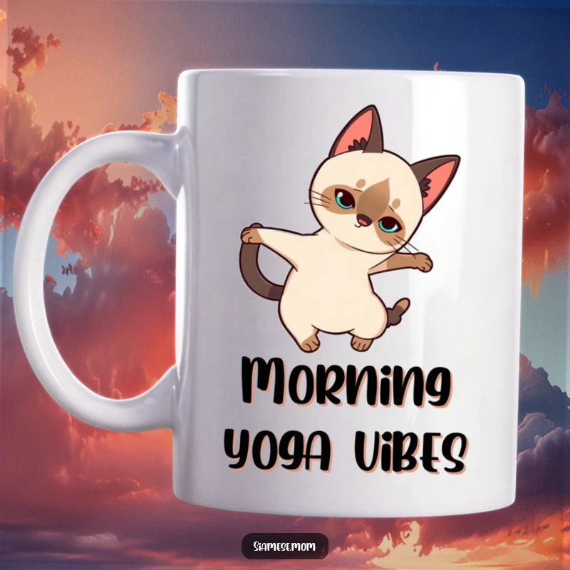 Funny Siamese Cat Mug: Graceful kawaii cat in a full elegant stretch, embodying flexibility and morning relaxation.