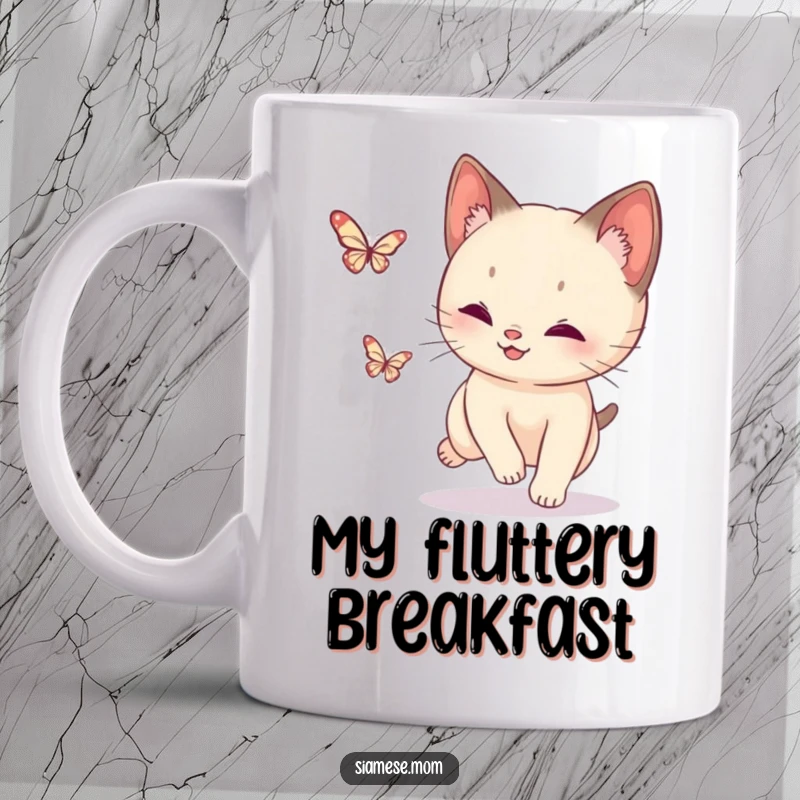 Funny Siamese Cat Butterfly Mug: Energetic cat leaping after a tiny, sparkling butterfly, showcasing playful pursuit.
