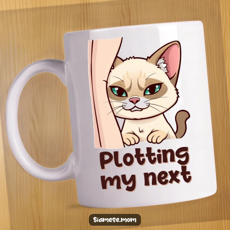 Funny Siamese Cat Curtain Mug: A cat with a sly grin peeking mischievously from behind a curtain, full of playful secrets.
