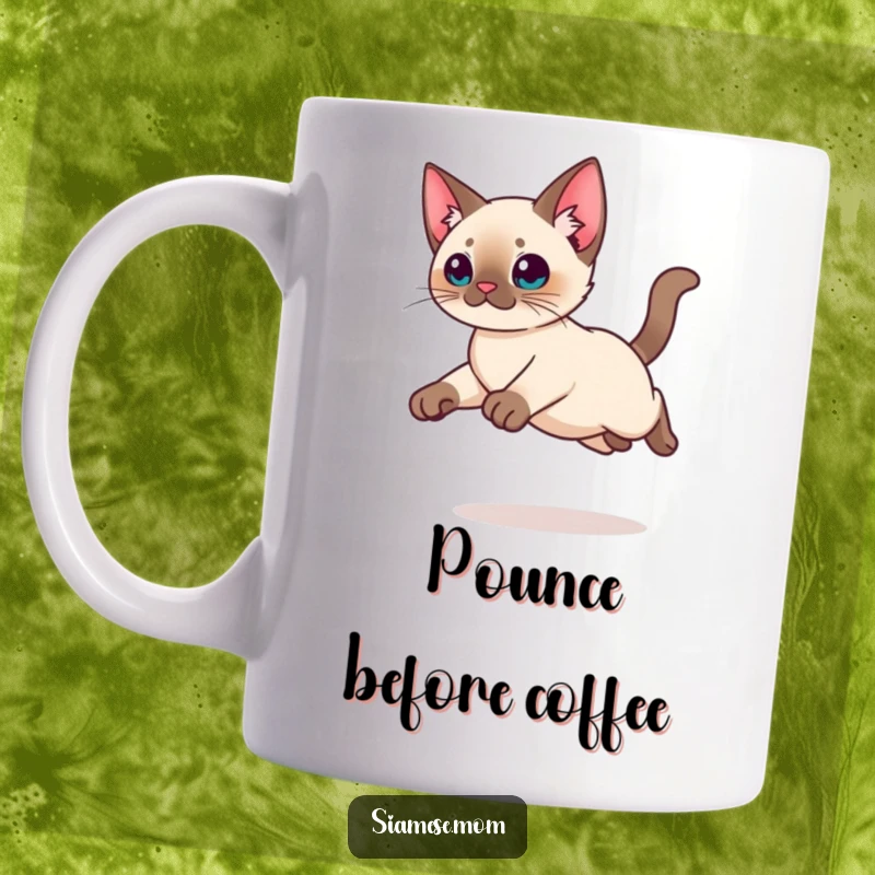 Funny Kawaii Siamese cat mug showing a graceful leap with legs tucked, perfect for agile cat lovers and a great gift.