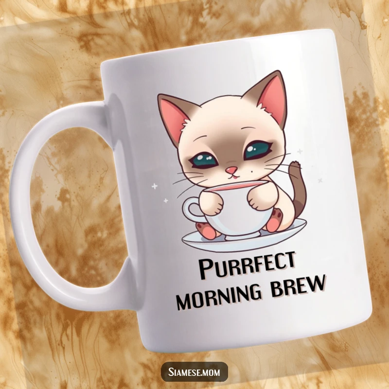 Kawaii Siamese cat delicately sipping from a saucer, depicted with grace and cuteness on this charming mug.