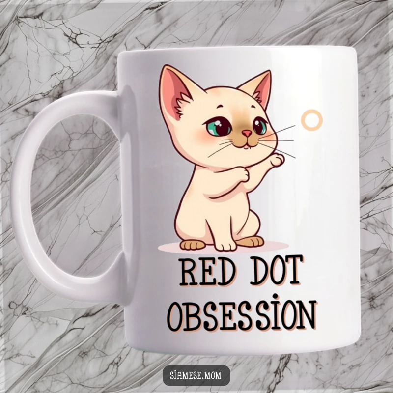 Funny Siamese Cat Mug, cat batting at a projected laser dot, energetic and funny gift for cat lovers.