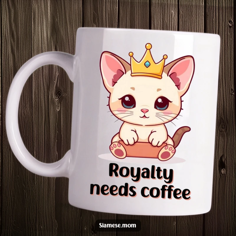 Funny Kawaii Siamese Kitten Mug wearing a tiny crown, looking regal yet playful, perfect for a queen.