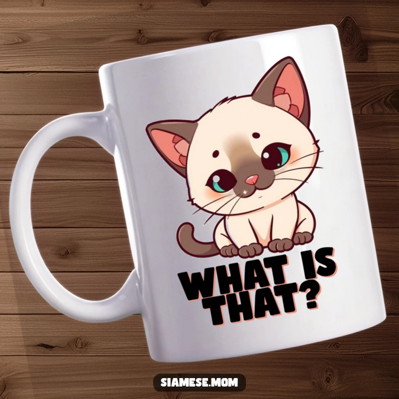 Funny Kawaii Siamese cat mug, quizzical head tilt, intensely watching a red laser dot, depicting pure feline fascination and confusion.