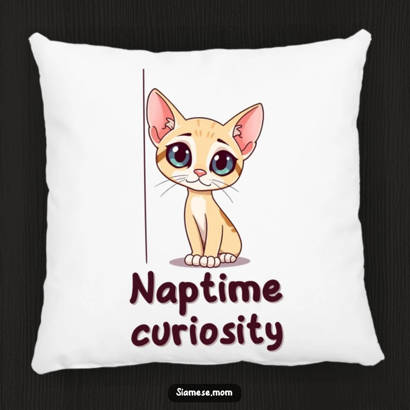 Funny slender cat pillow, with big curious eyes, peeking around a corner, offering cozy charm, a delightful funny gift.