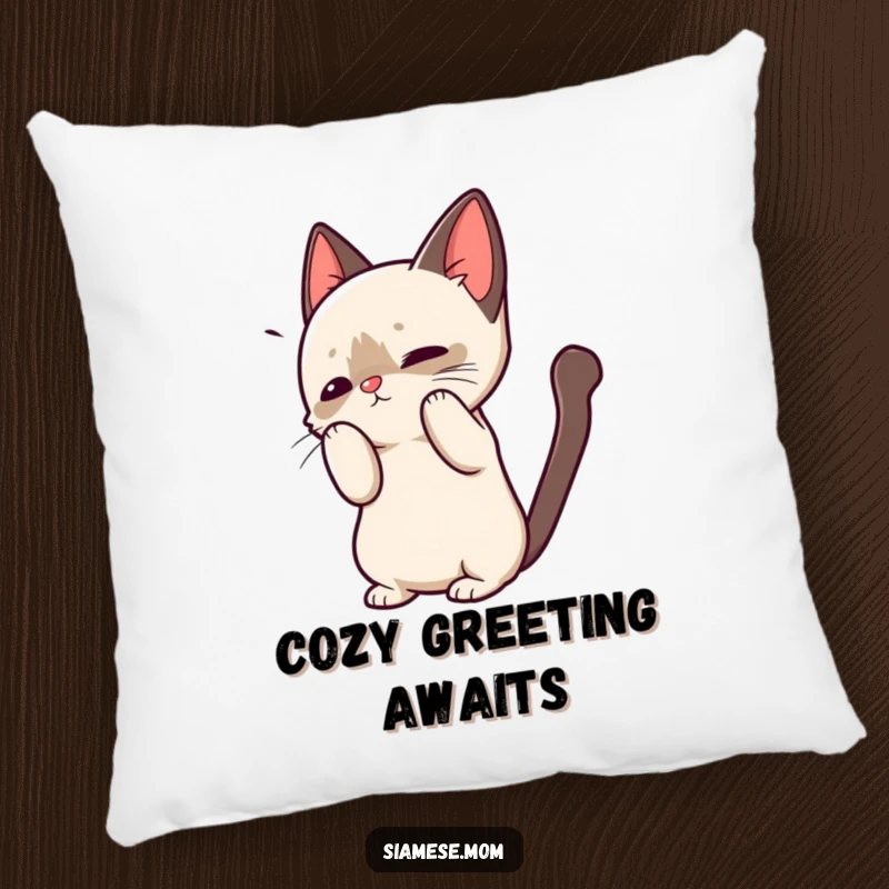 Funny pillow featuring a kawaii Siamese cat arching its back in a playful greeting, offering soft comfort and adorable charm.