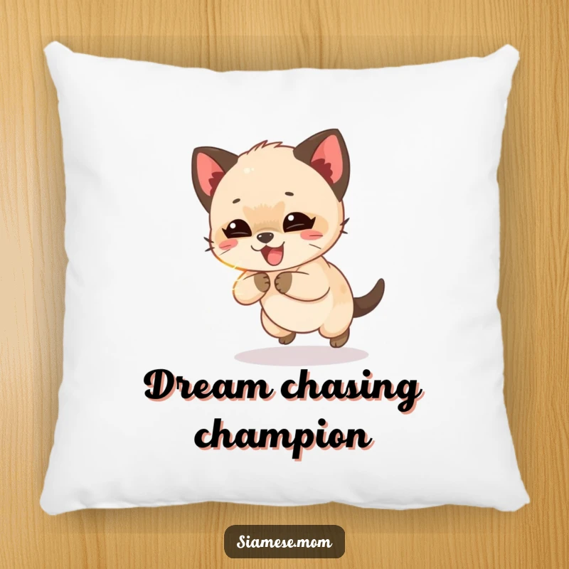 Funny Siamese cub giggling while chasing a shimmering light beam, a soft and humorous pillow for cozy, playful spaces.