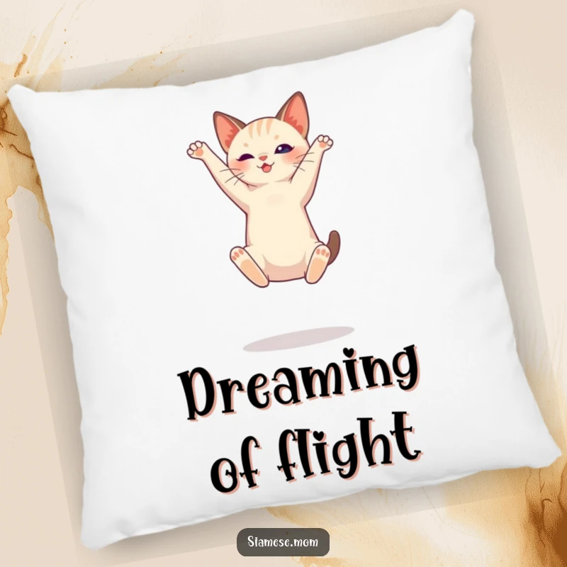 Funny Siamese cat pillow, depicting a graceful jump, offering comfort with a touch of feline elegance.