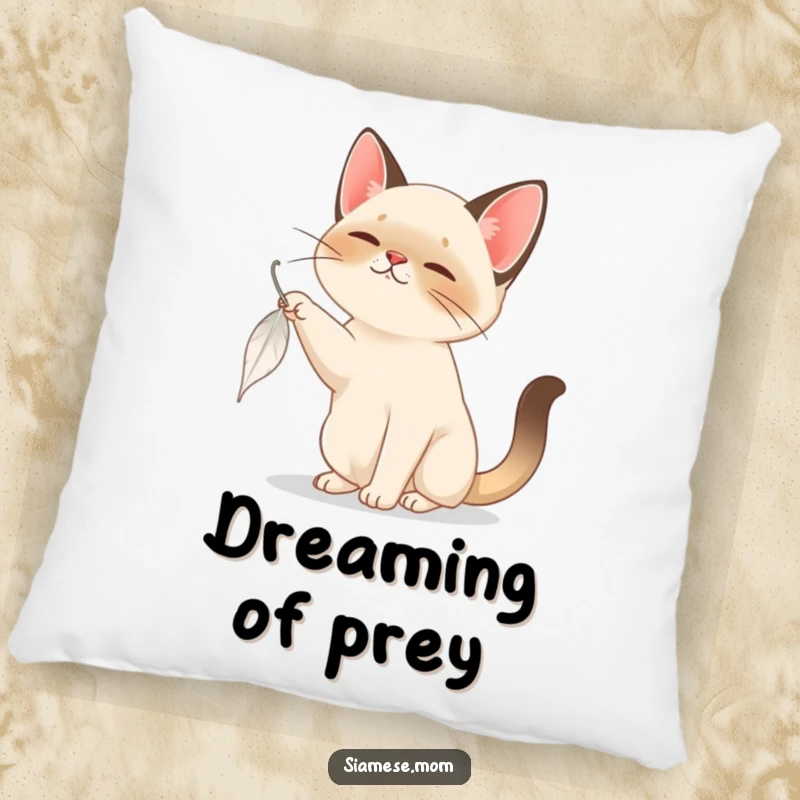 Funny Siamese Cat Pillow: A cute Siamese cat playfully bats at a feather, adding a touch of gentle humor to any room.