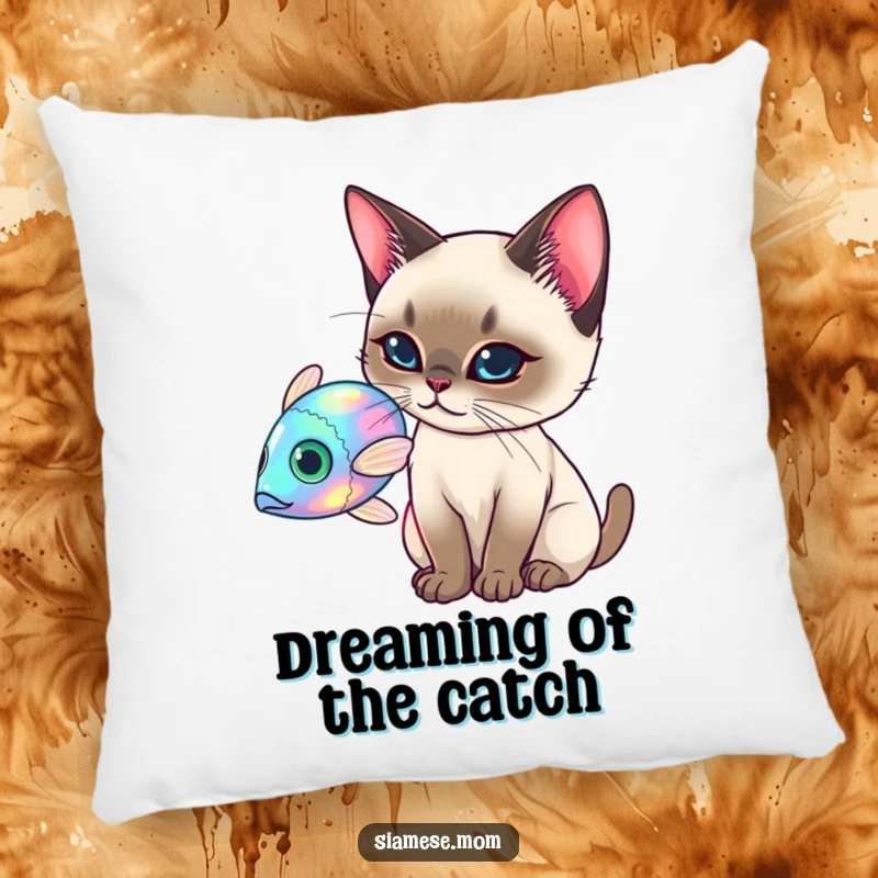 Funny Siamese Cat Pillow, elegant cat batting at a holographic fish, soft and decorative funny gift.