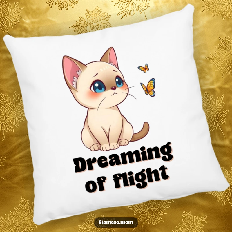 Funny Kawaii Siamese Cat Pillow Alert Posture Watching Distant Butterfly, Comedic Comfort Cushion
