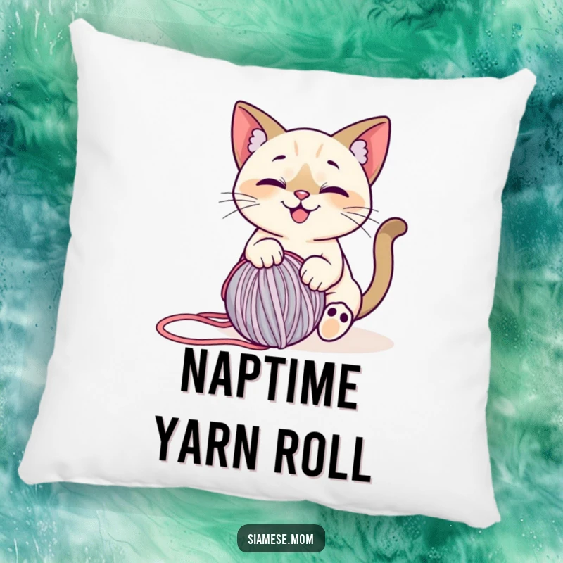 Funny Siamese Cat Pillow: Soft cushion featuring a smiling cat happily playing with a ball of yarn, a charming decor piece.