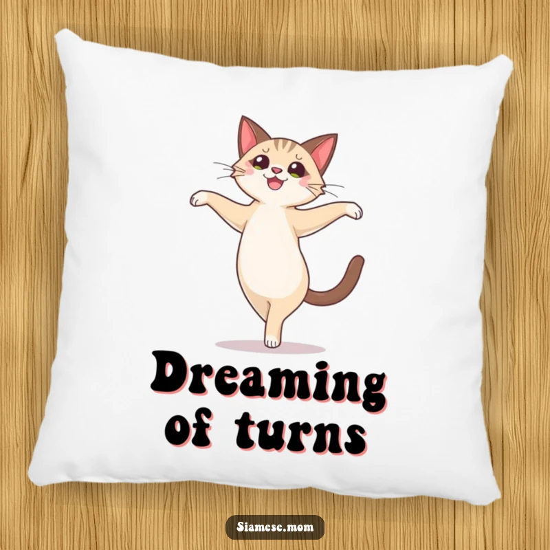Funny cute Siamese cat character performing a joyful, ballet-like pirouette, depicted on a soft decorative pillow.