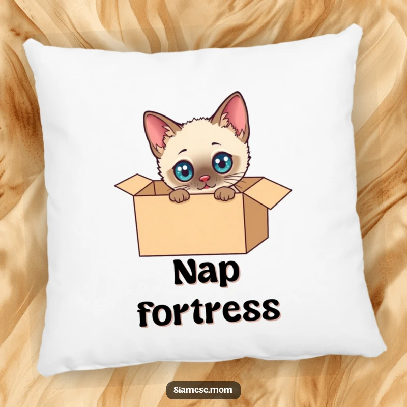 Funny Siamese Cat Pillow: Soft cushion featuring a kawaii Siamese cat exploring a cardboard box, adding a touch of humor to any room.
