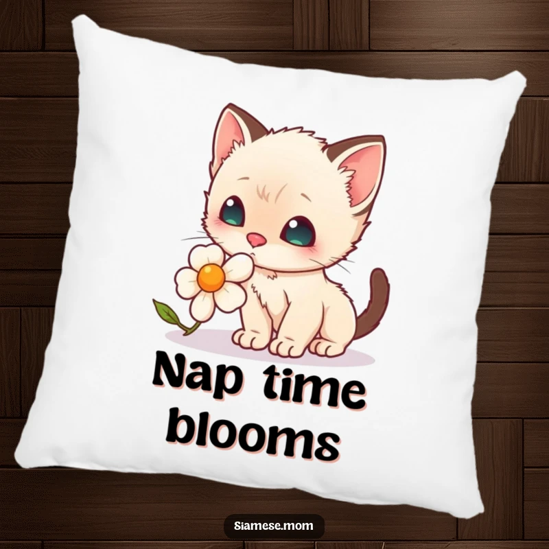 Funny Throw Pillow: A soft cushion featuring a kawaii Siamese kitten with a playful tilt of its head sniffing a bloom.