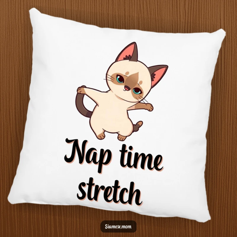 Funny Siamese Cat Pillow: Soft cushion featuring a kawaii cat in an elegant stretch, perfect for adding comfort and humor.
