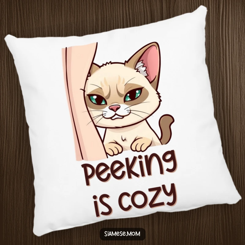 Funny Siamese Cat Pillow: Soft cushion featuring a mischievous cat peeking from behind a curtain with a sly grin.