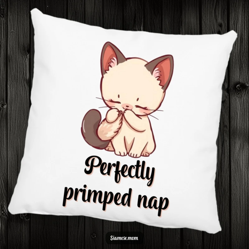 Funny Siamese Kitten Pillow offering comfort with a kawaii cat grooming its fluffy tail, perfect for cozying up.