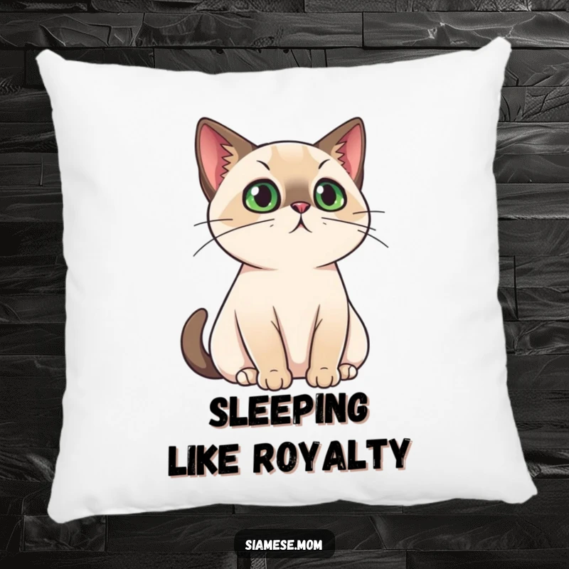 Funny Pillow depicting a kawaii Siamese cat with a regal air, surveying its surroundings with authority and comfort, adding majestic humor.