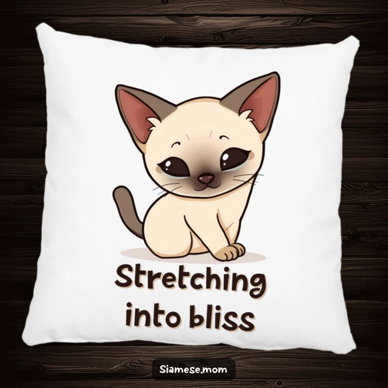 Funny Kawaii Siamese cat pillow, elegantly stretching and arching its back with grace, a soft and humorous decorative item.