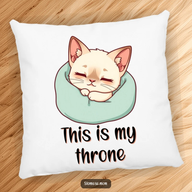 Funny Kawaii Siamese Cat Pillow Purring Contentedly Nestled Cozy Blanket, Comedic Cozy Cushion