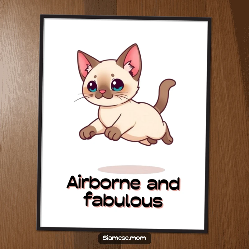 Funny Kawaii Siamese cat digital art print showing a graceful leap with tucked legs, a humorous and charming piece for immediate decor.