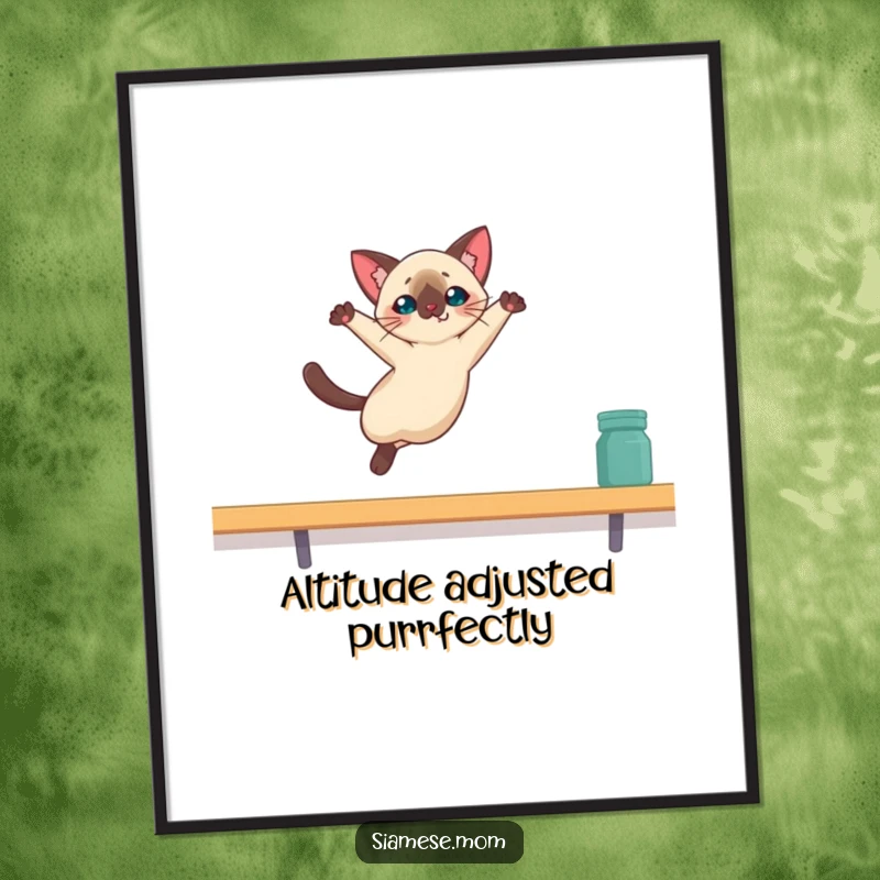 Funny Kawaii Siamese cat digital art print of a graceful leap onto a high shelf, adding whimsical humor to any room.
