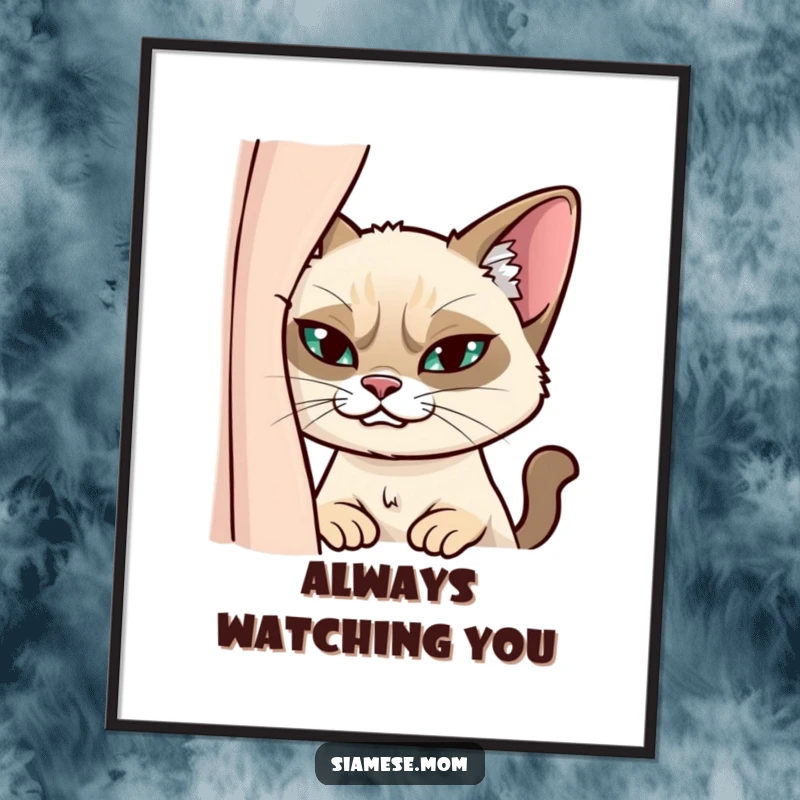 Funny Siamese Cat Digital Art Print: High-resolution art of a mischievous cat peeking from behind a curtain with a sly grin.
