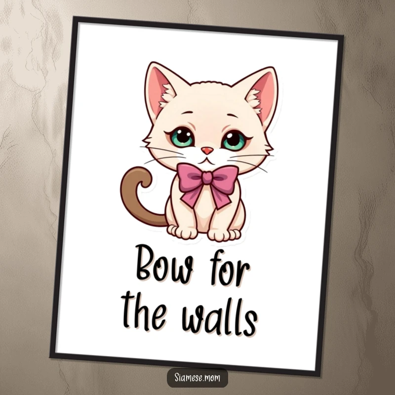 Funny kawaii Siamese cat character in an elegant, playful bow, as a downloadable digital art print.