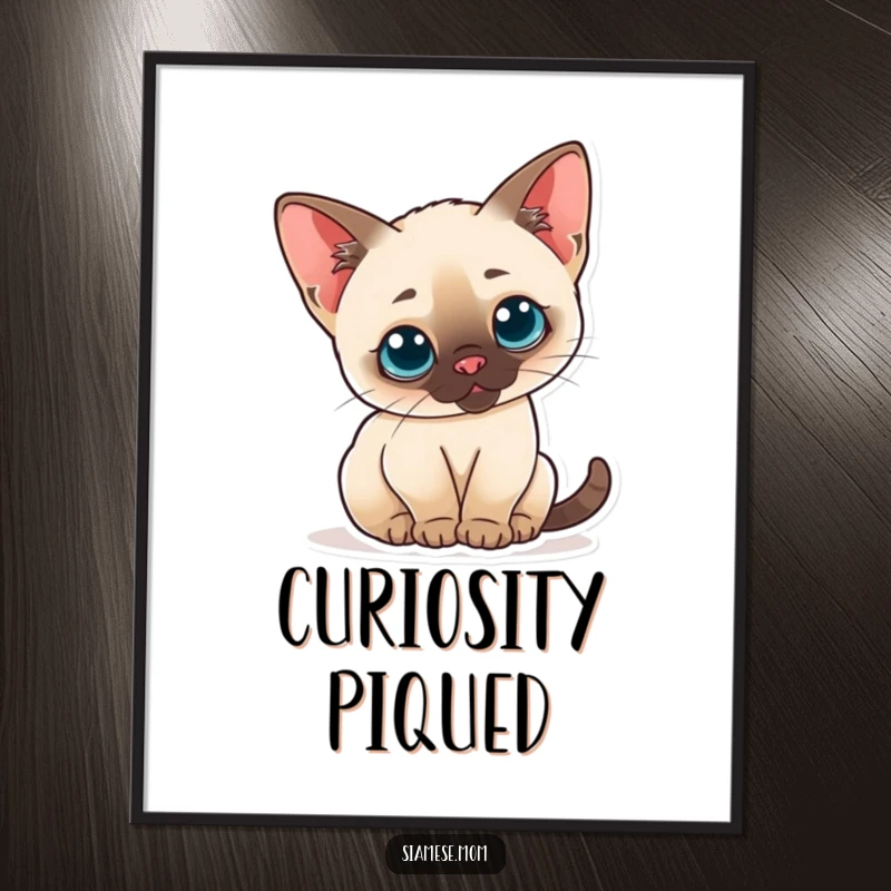 Funny digital art print of a curious kawaii Siamese cat arching its back with perked ears, perfect for decor.