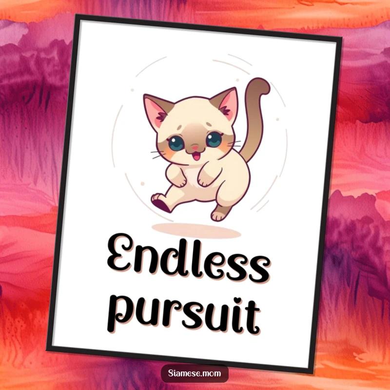 Funny digital art print of a kawaii Siamese cat chasing its tail in a dizzy circle, perfect for decor.
