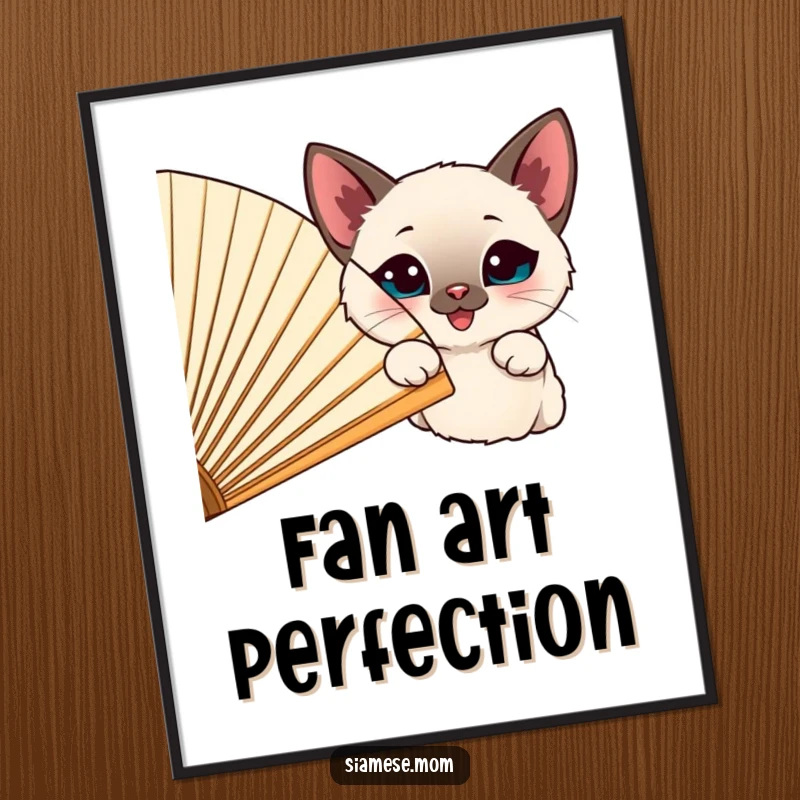 Funny happy Siamese cat peeking from behind a large, cheerful fan, as a downloadable digital art print.