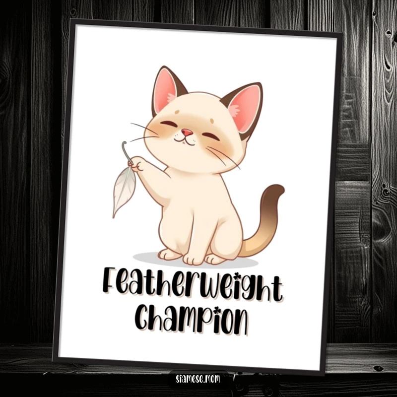 Funny Siamese Cat Digital Art: A humorous depiction of a Siamese cat focused on batting a falling feather, perfect for wall decor.