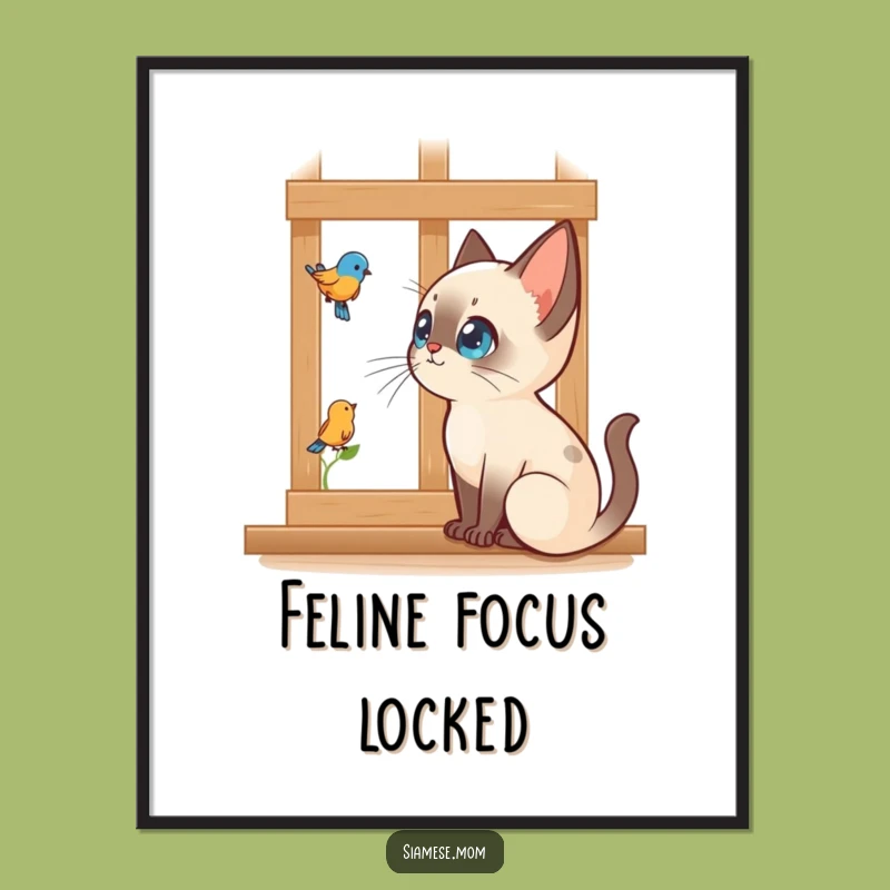 Funny Siamese Cat Art Print: Bird Watching Scene, Unique Funny Gift