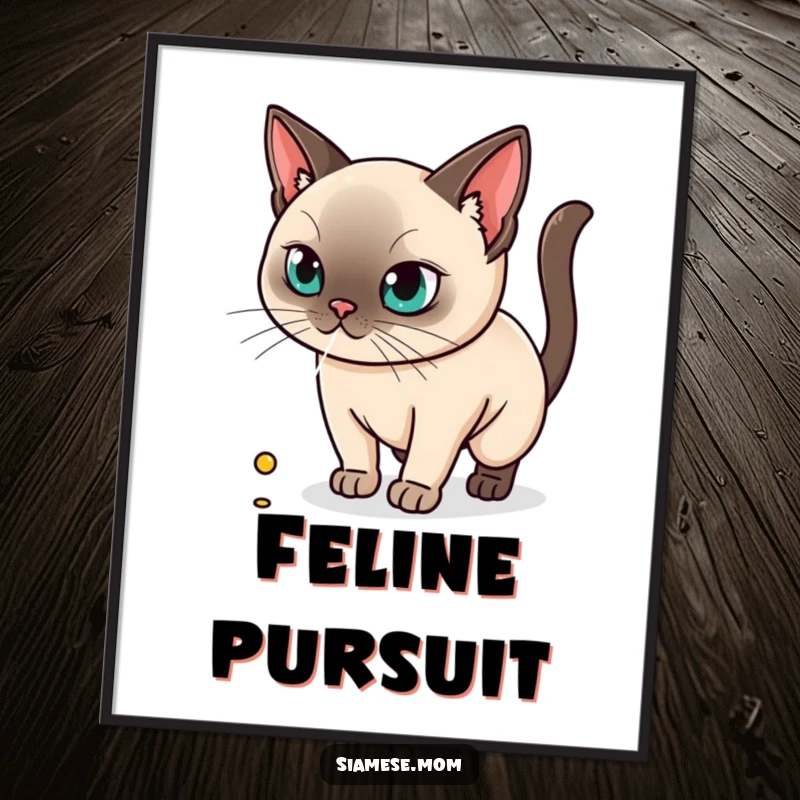 Funny digital art print of a kawaii Siamese cat with laser-like focus, intensely chasing a tiny red dot.