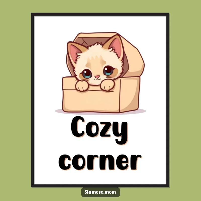 Funny Digital Art: Kawaii Siamese Kitten's Cozy Box Peek Print