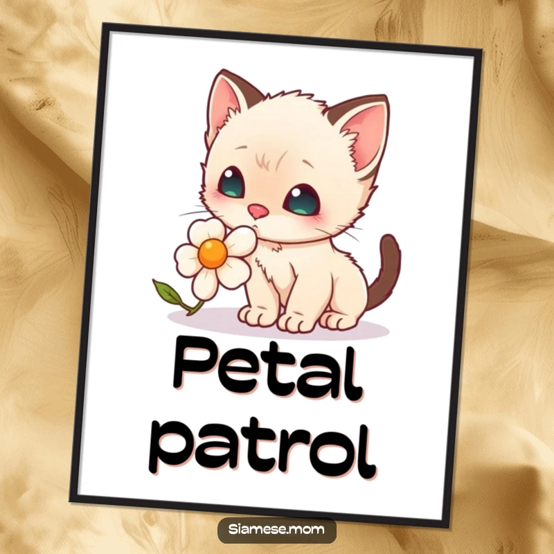 Funny Digital Art Print: A whimsical kawaii Siamese kitten with large, curious eyes sniffing a detailed wildflower.