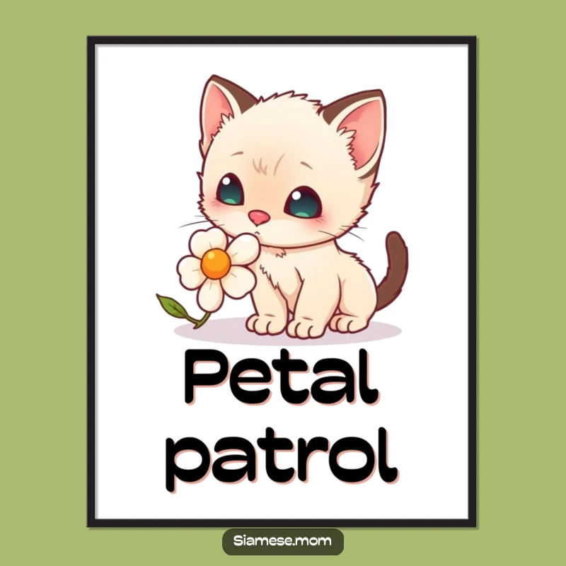 Funny Digital Art: Kawaii Siamese Kitten's Floral Discovery Print