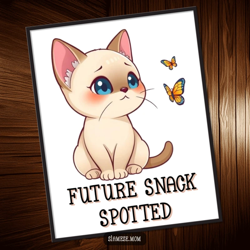 Funny Kawaii Siamese Cat Digital Art Alert Posture Watching Distant Butterfly, Humorous Instant Download